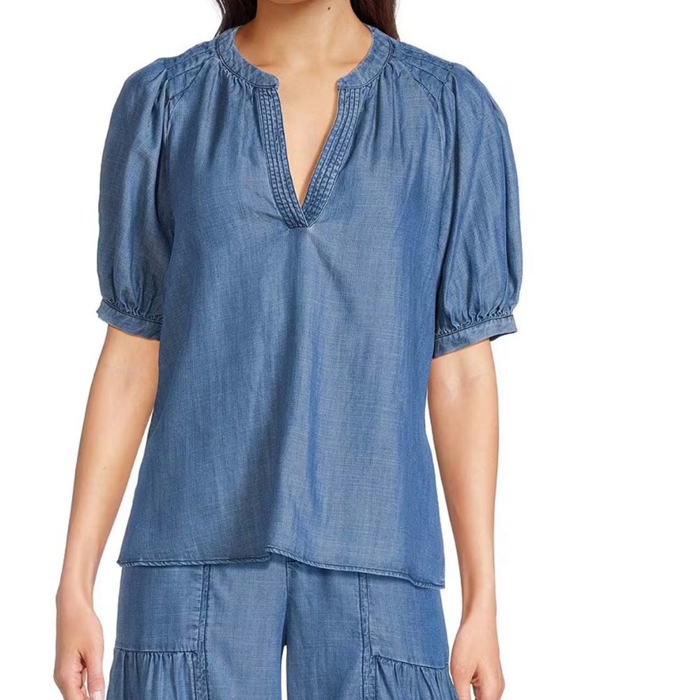 Current Air Chambray Split Neck Top S - image 1